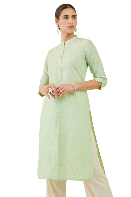 Soch Women Sap Green Linen Straight Kurta with Shell Button Embellishments