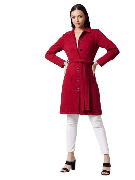 Dolce Crudo Womens Maroon Collared Full Sleeve Solid Longline Jacket (DOAW21JKT03-40-143-05,Maroon,L)