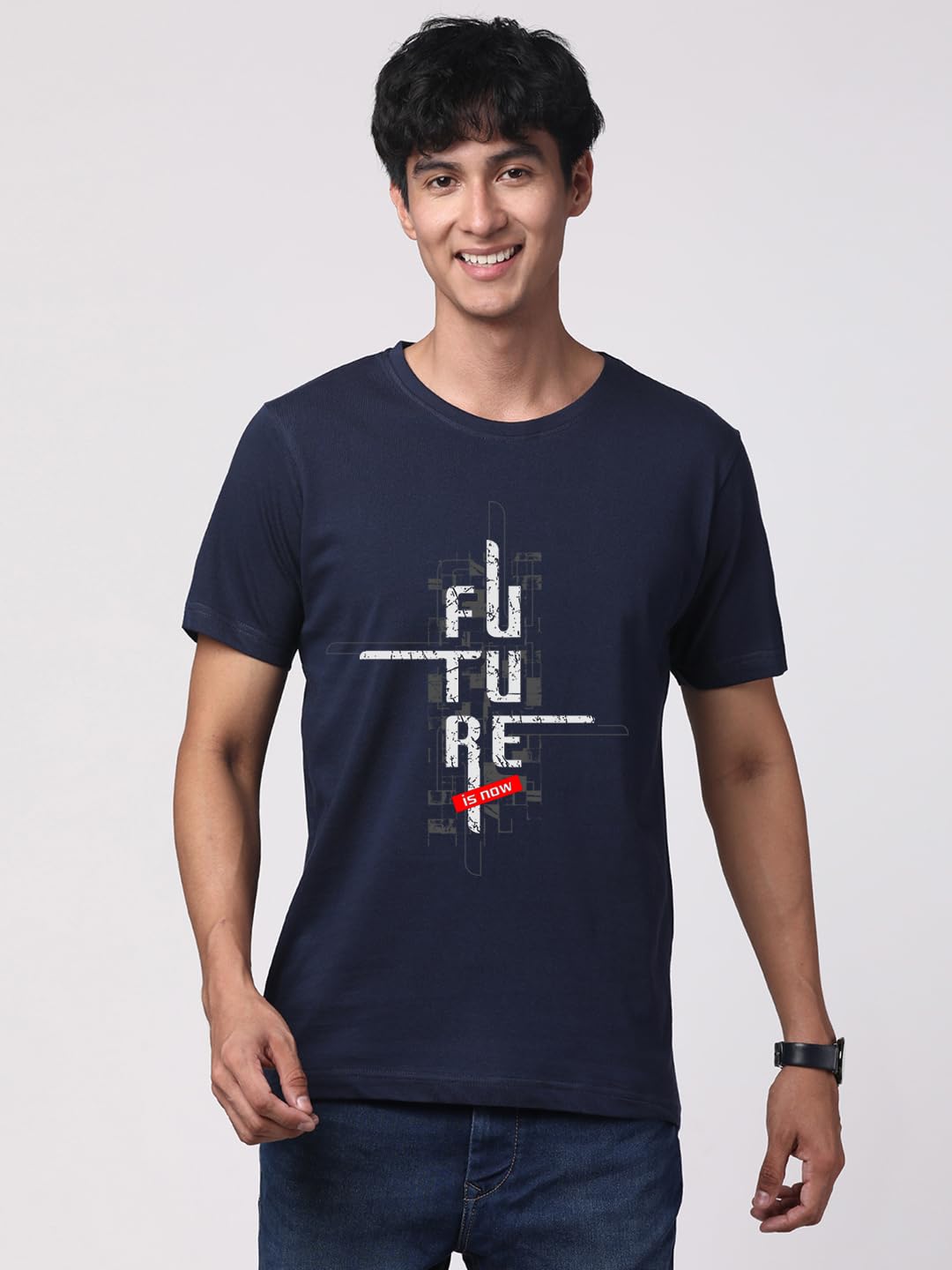 ADRO Men's Graphic Printed 100% Cotton T-Shirt - Regular Fit, Printed T-Shirts for Men (RN24-FTR-NB_Navy)