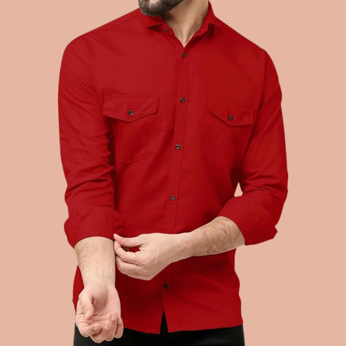 Rebelify MenS Cotton Shirt With Pockets Full Sleeves Collared Neck Solid Pattern Botton Down Closure Regular Fit And Standard L