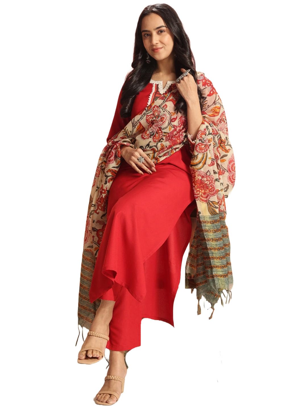 Gosriki WomenS Rayon Blend Solid Straight Kurta With Pant & Dupatta (Dhar Red-Vks01-Gs_S_Red_Small)