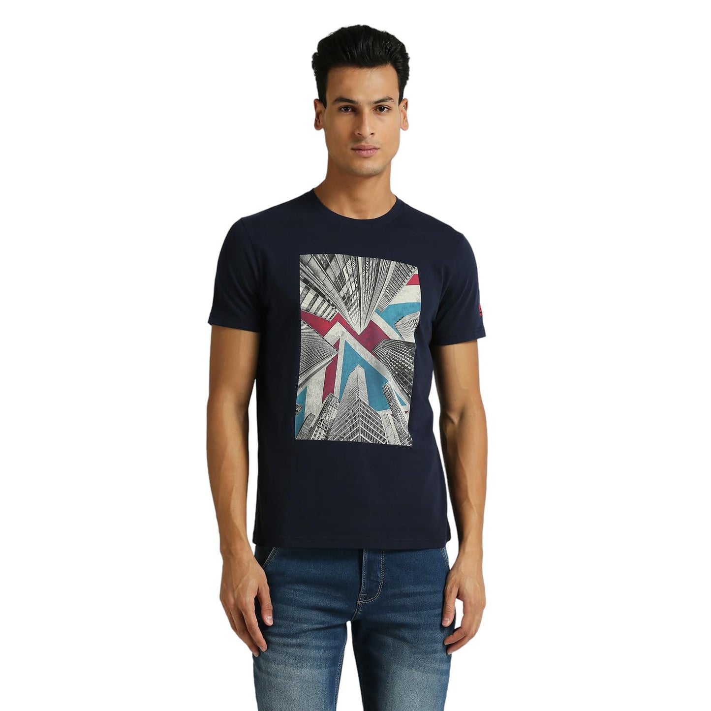 Pepe Jeans Men Cotton Blend Slim Fit Graphic Printed T-Shirts Navy, Small