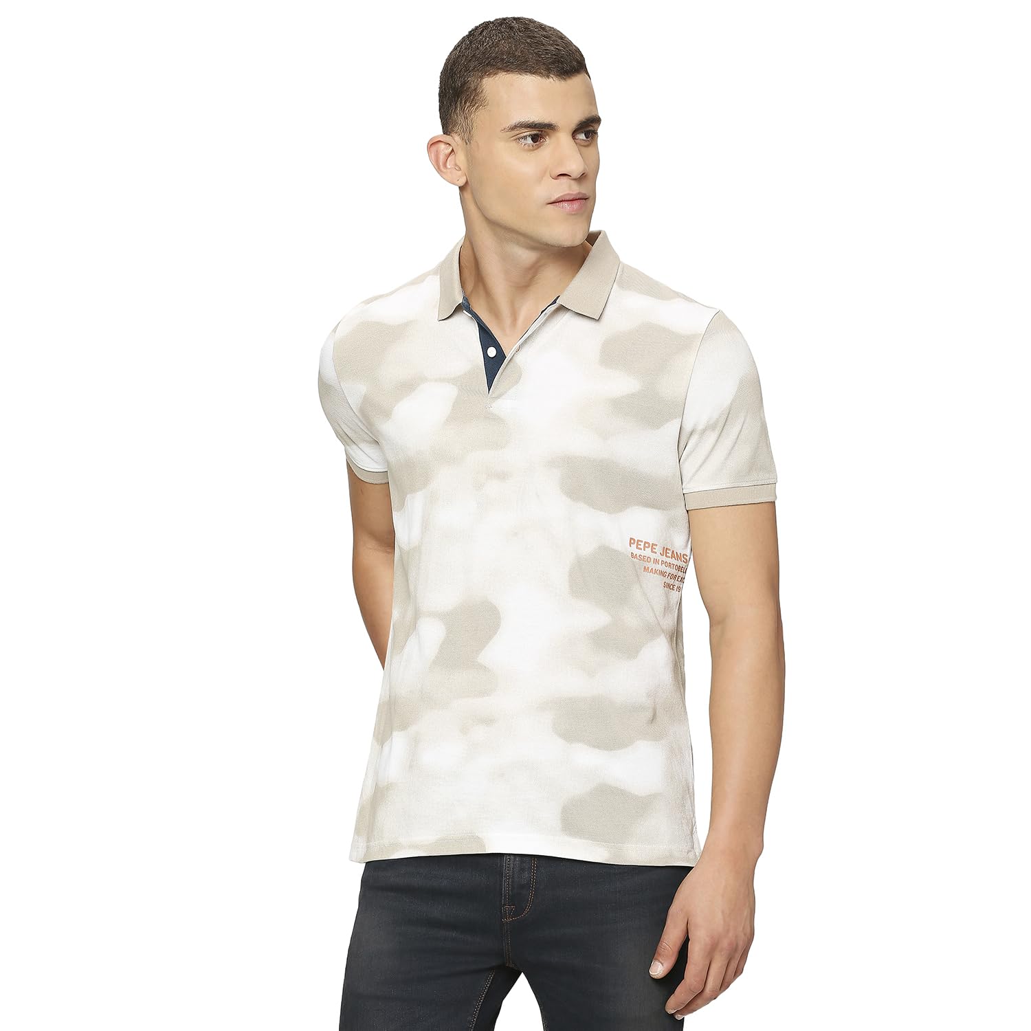 Pepe Jeans Men Cotton Graphic Regular Fit T-Shirt (Pm542052_Beige, Large)