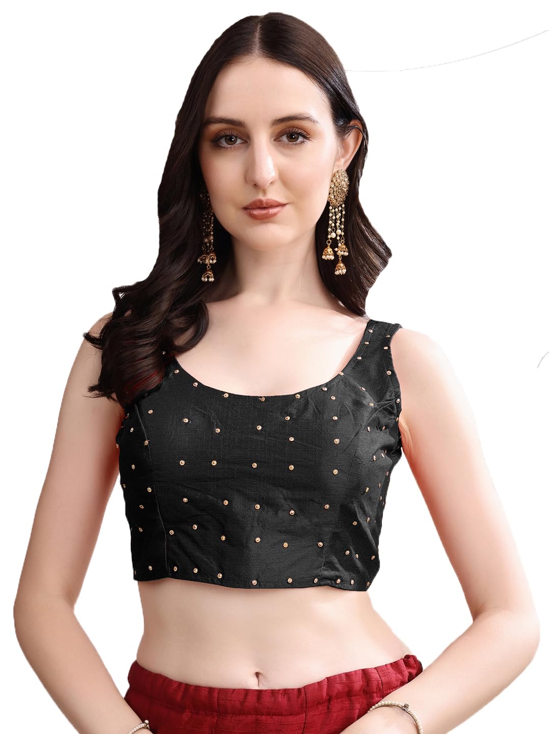 Pujia Mills Womens Square Neck Silk Sleeveless with Stone Work Readymade Blouse