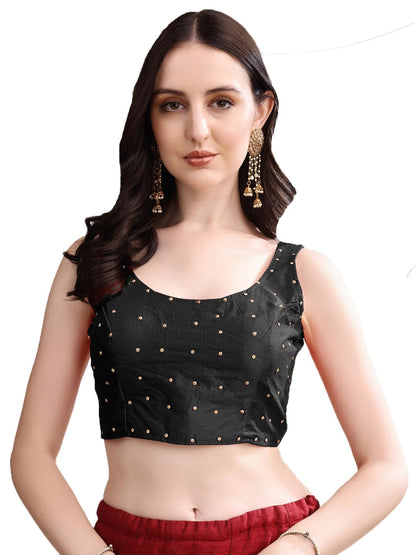 Pujia Mills Womens Square Neck Silk Sleeveless with Stone Work Readymade Blouse