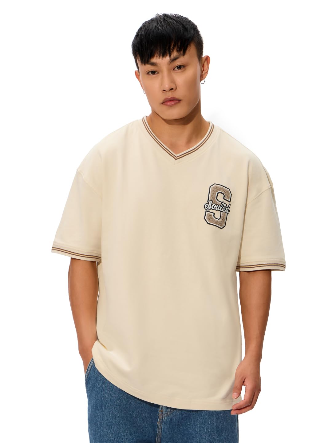 The Souled Store Cosmic Beige Oversized T-Shirt for Men Boys Cotton Casual Half Sleeves Baggy Loose Fit Drop Shoulder Round Neck