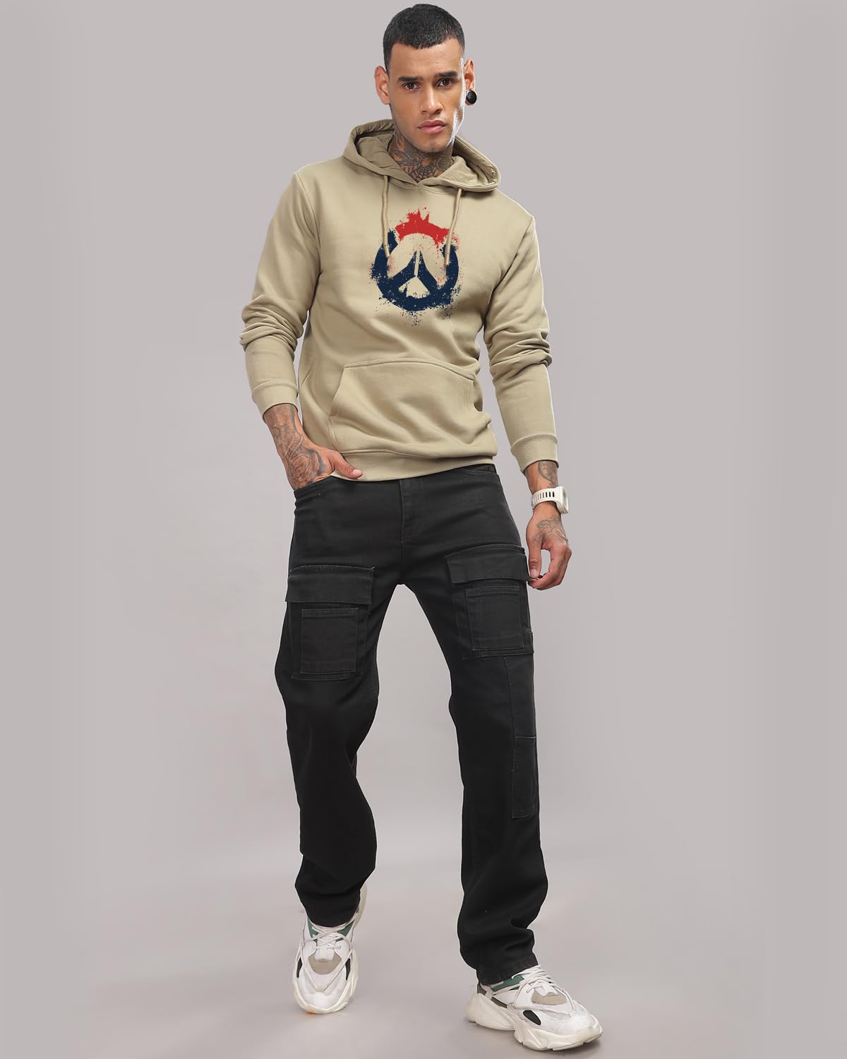 ADRO Men's Cotton Peace Design Hooded Neck Printed Hoodie Sweatshirt (H-M-PC-CH_Beige)