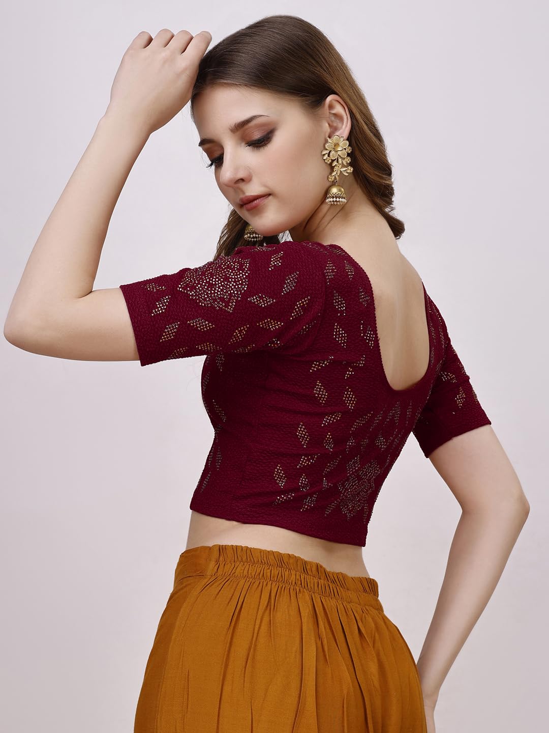 Vihu Fashion Womens Readymade Hosiery Lycra Stretchable Round Neck Half Sleeve Blouse with swaroski Work Fancy Lycra Stretchabl
