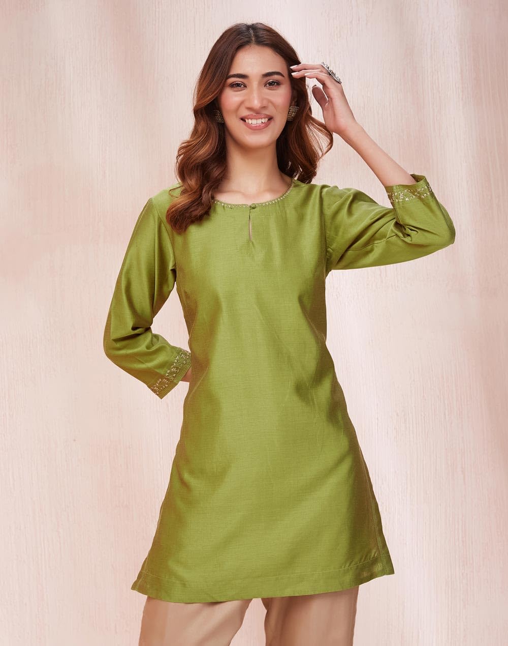 Fabindia Women's Cotton Silk Embroidered Slim Kurta