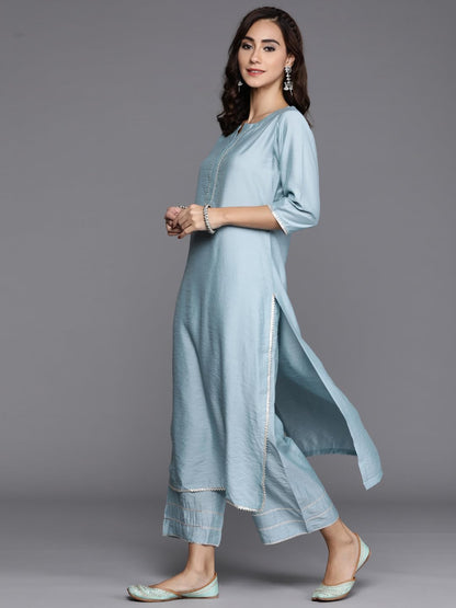 Libas Womens Solid Silk Blend Straight Kurta With Palazzos And Dupatta