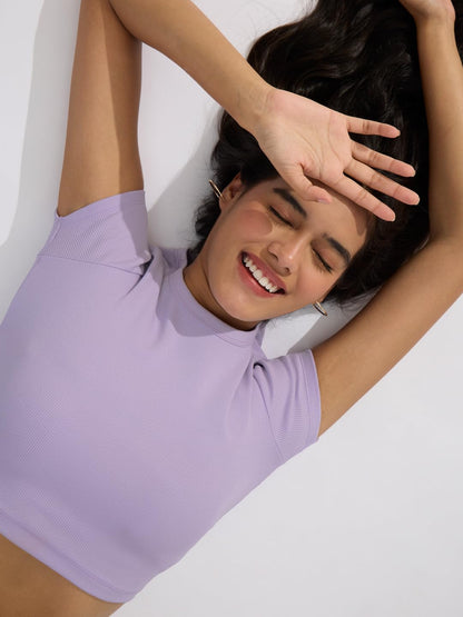 The Souled Store Solids: Lavender Women and Girls Short Sleeves Round Neck Cotton Blend Regular Fit Ribbed Cropped Tops