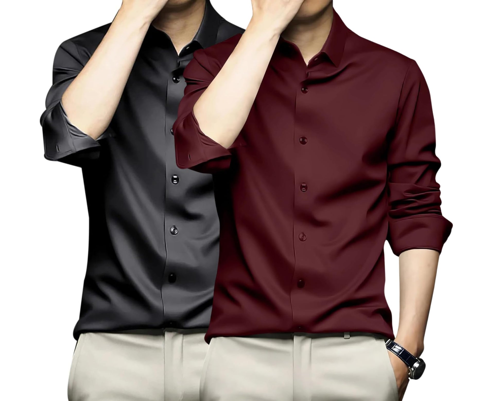 Deelmo Combo Of MenS Stylish Solid Satin Casual Shirt For Men Full Sleeves| Poly Satin Silk Shirt Pack Of 2 Black-Maroon