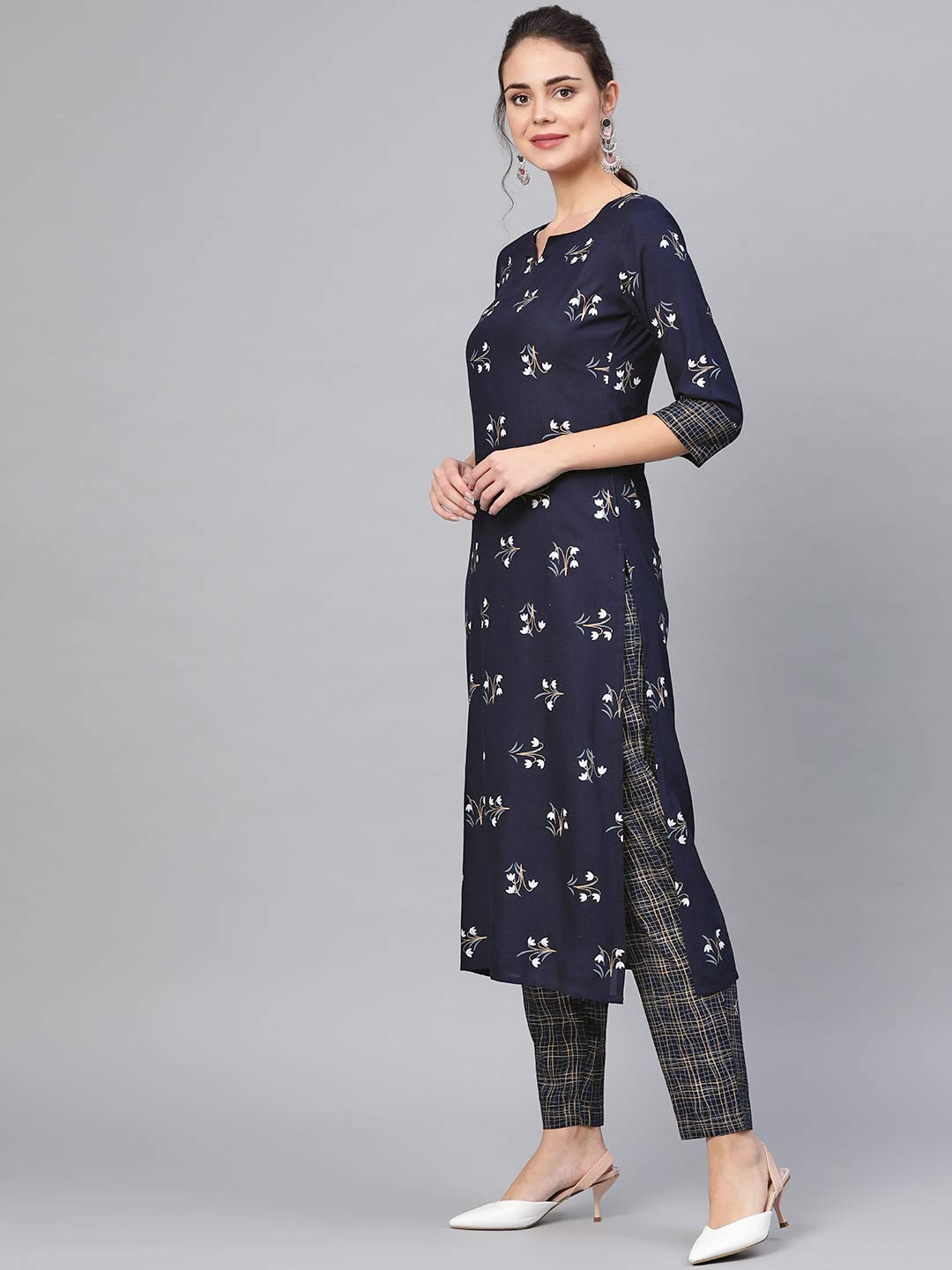 idaLia Women's Navy Blue Khari Gold Print Rayon Kurta Set