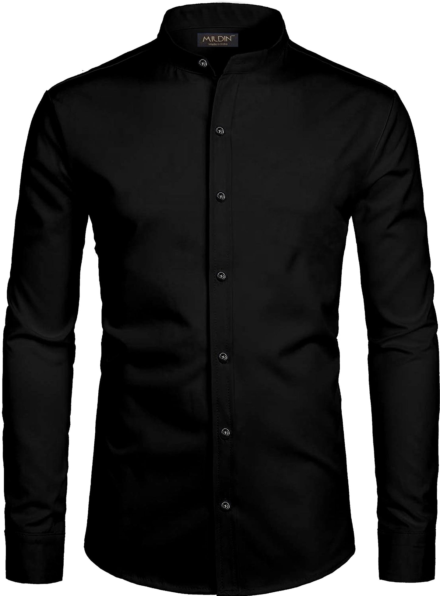 Mildin MenS Regular Cotton Blend Black Slim Fit Solid Button Down Mandarin Chinese Collar Full Sleeve Curved Hemline Casual Shi