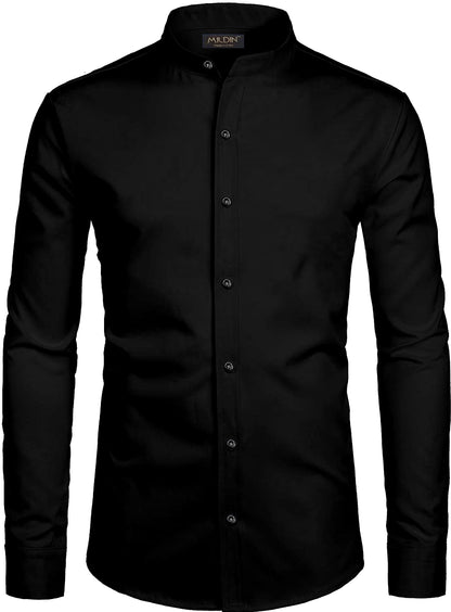 Mildin MenS Regular Cotton Blend Black Slim Fit Solid Button Down Mandarin Chinese Collar Full Sleeve Curved Hemline Casual Shi