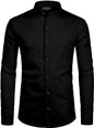 Mildin MenS Regular Cotton Blend Black Slim Fit Solid Button Down Mandarin Chinese Collar Full Sleeve Curved Hemline Casual Shi
