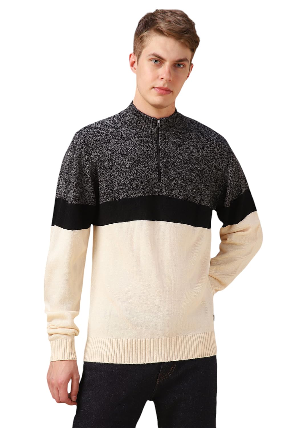 Dennis Lingo Men Cream Solid Acrylic Slim Fit Full Sleeve Sweater