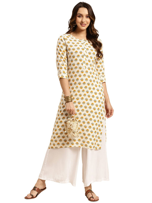 rangita Beige Rayon Calf Length Printed Straight Kurti for Women | Kurta for Women