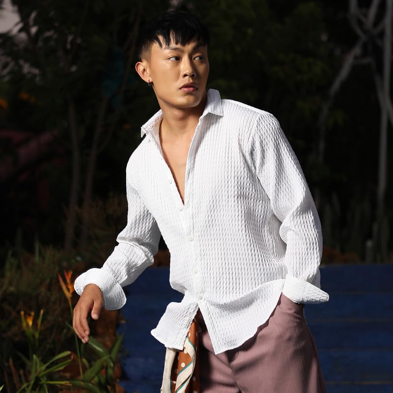 Campus Sutra Mens Chalk White Twisted Crease Shirt for Casual Wear | Spread Collar | Long Sleeve | Button Closure | Shirt Craft