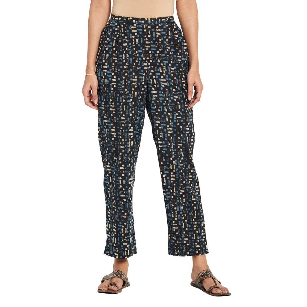 Fabindia Women Flax Printed Casual Pants Cotton_M Blue