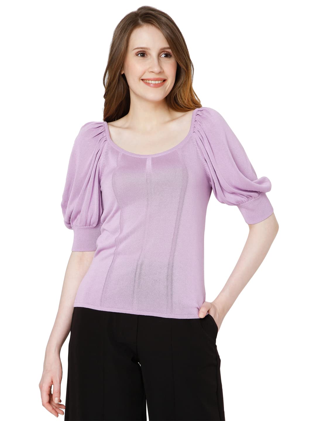 Vero Moda Solid Round Neck Viscose Womens Knits Knit Top (S22Vm10275014015,Purple,Extra Large)