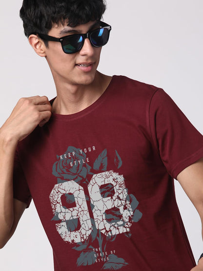 ADRO Graphic Printed T-Shirt for Men - 100% Cotton, Regular Fit, Soft Breathable Fabric. (RN23-M-98-MR_Maroon)
