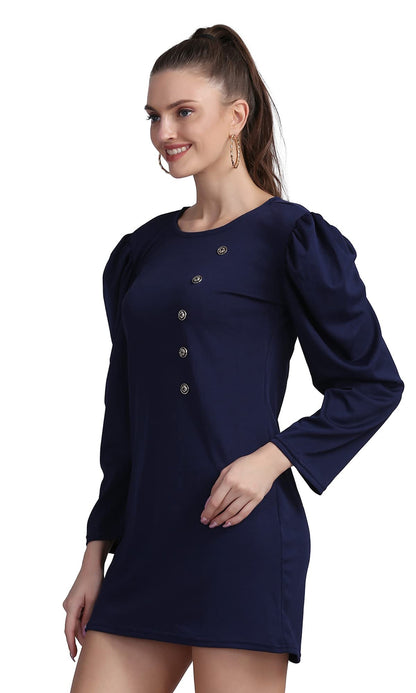 Shasmi WomenS Comfortable Navy Blue Round Neck Full Sleeve Solid Midi Bodycon Casual Western Stylish Dress For Womens/Midi Dres