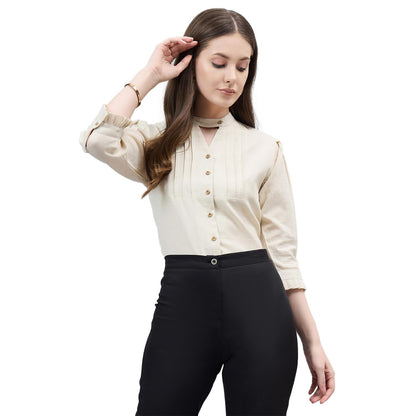 Style Quotient Women Solid Beige Linen Puff Sleeve Rrgular Formal Shirt