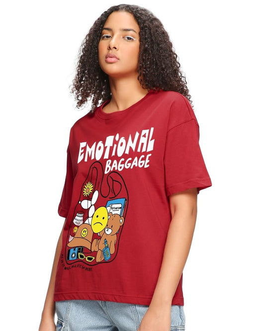 Bewakoof Cotton Women Oversized Fit T-Shirt 1208638 Red Large