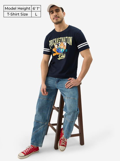 The Souled Store Official Garfield: Procrastination Club Men and Boys Short Sleeve Round Neck Navy Blue Graphic Printed Cotton R