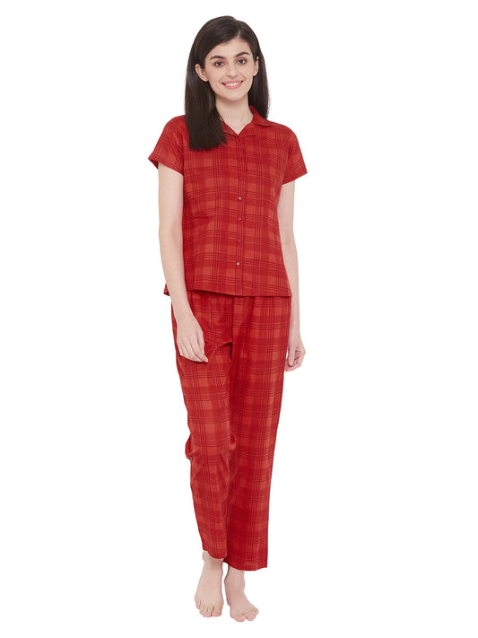 Clovia Womens Cotton Classy Checks Printed Buttond Down Shirt & Pajama Set (Ls0385G04_Red_XL)