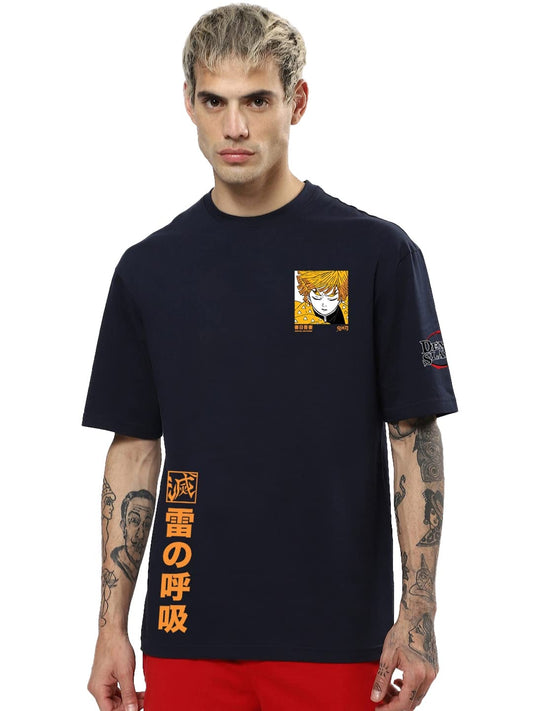 Bewakoof Mens Thunder Breathing Zenitsu Graphic Print Cotton T-Shirt- Oversized Fit, Round Neck, Half Sleeves 577654_Blue_XL