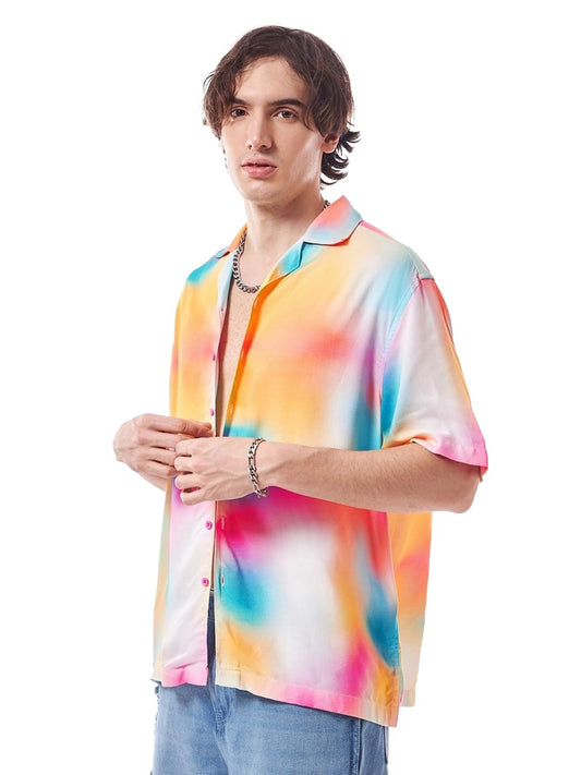 Bewakoof Mens All Over Printed Oversized Fit Half Sleeve Resort Collar Rayon Shirt_624375_Multicolor_XL