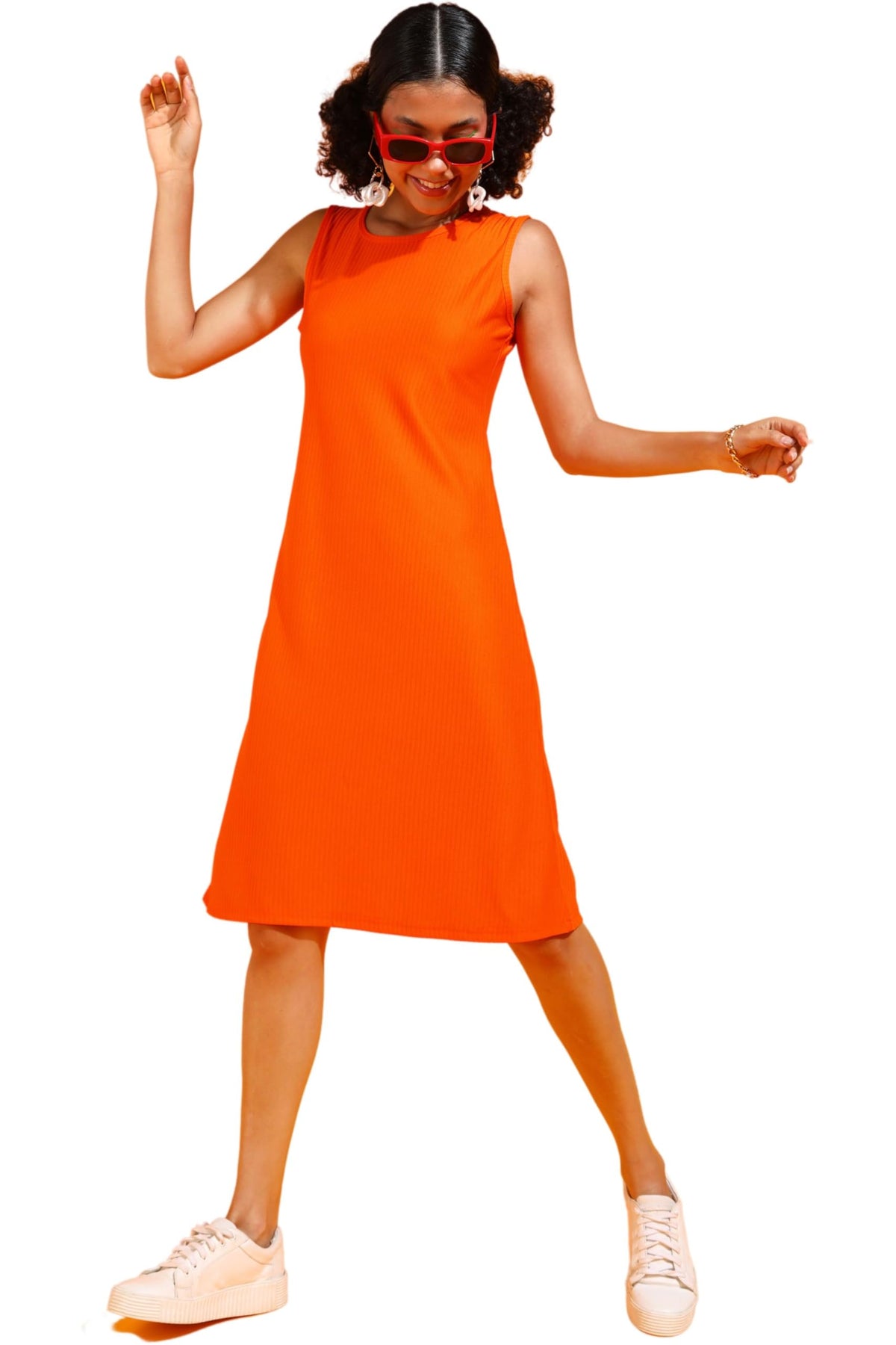 Popwings Women Casual Orange Rib Knee Length A-Line Dress Dress For Women | Stylish Dress For Women