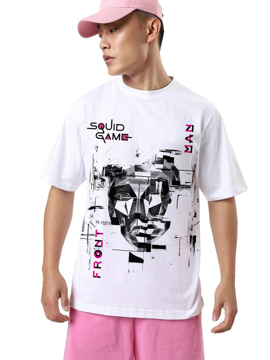 Bewakoof Official Squid Game Merchandise Mens Graphic Print Oversized Fit Half Sleeve Round Neck Cotton T-Shirt_683872_White_2X