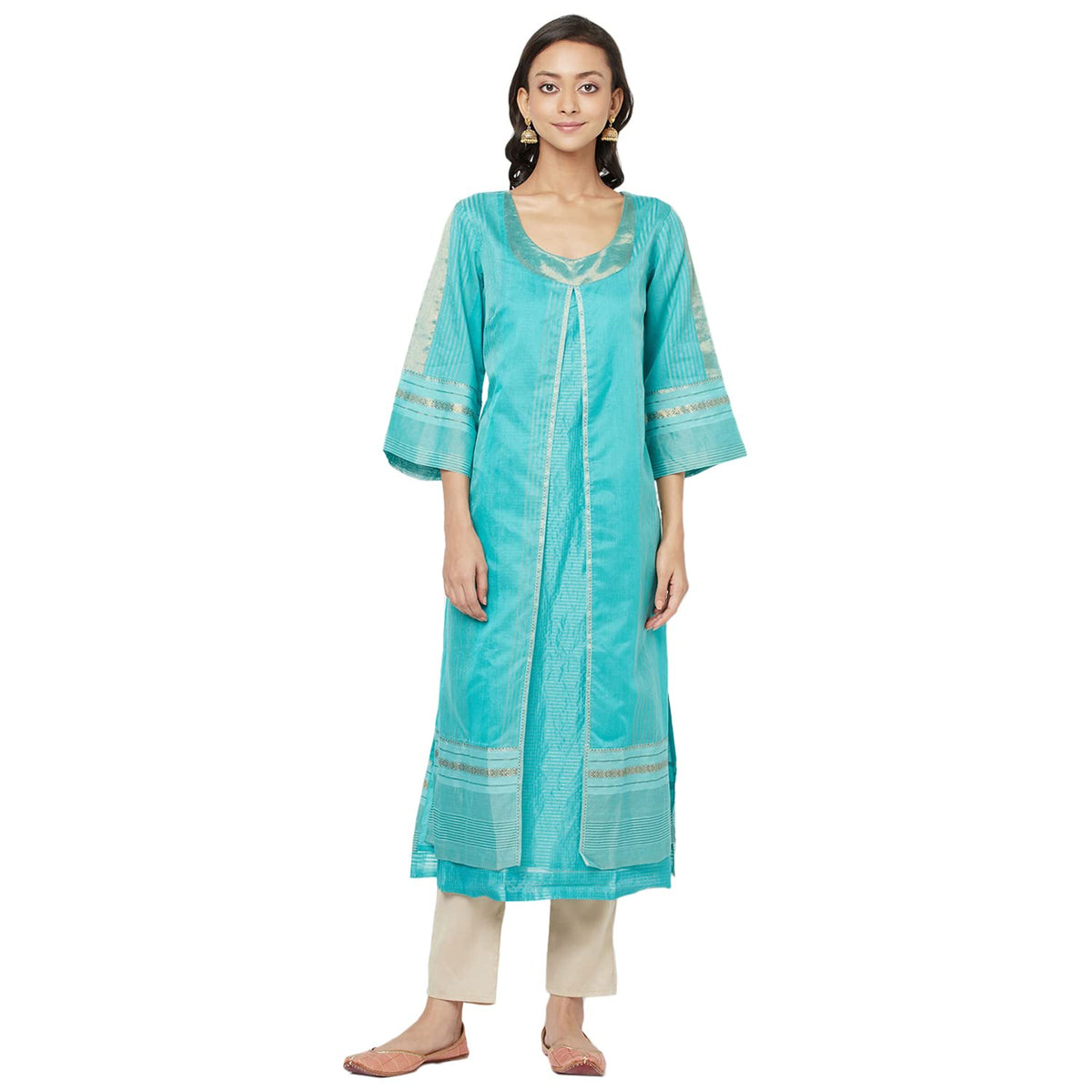 Fabindia WomenS Cotton Viscose Woven Regular Kurta_Teal_Xl