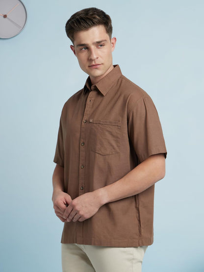 Dennis Lingo Men Cotton Relaxed Fit Textured Shirts Brown