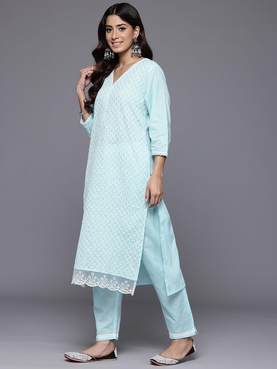 Varanga Women Blue Chikankari Embroidered Kurta with Tonal Bottom and Chiffon Dupatta.