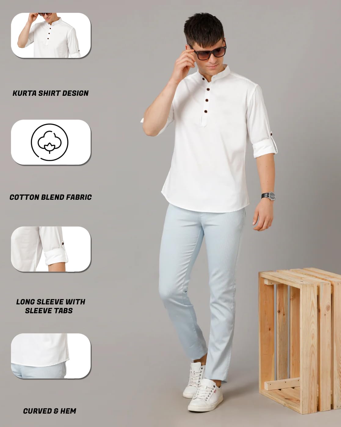 Zombom MenS Cotton Blend Solid Regular Fit Casual Mandarin/Chinese Collor Short Kurta White