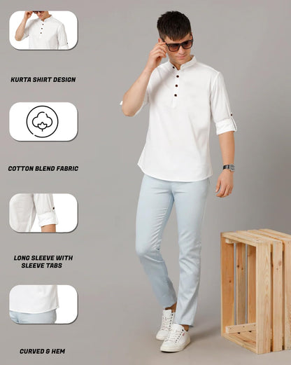 Zombom MenS Cotton Blend Solid Regular Fit Casual Mandarin/Chinese Collor Short Kurta White