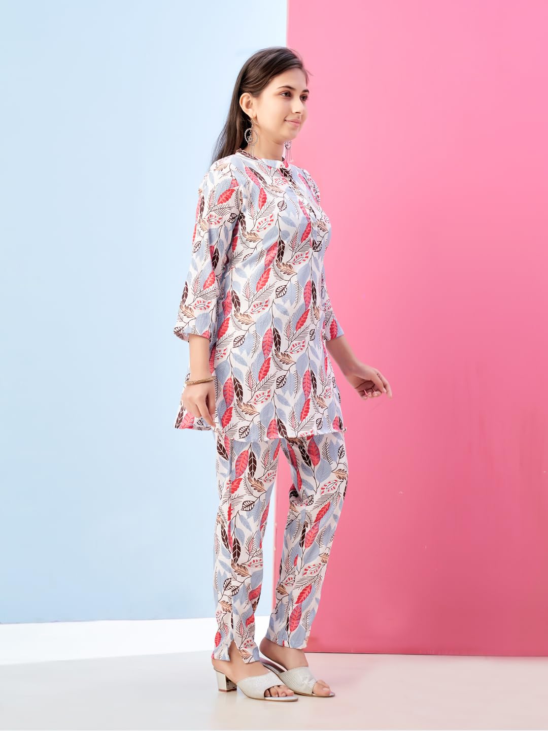 Aarika Girls Casual Wear White Colour Leafs Print Polyester Co-ord Set-8-15 Years (KP-TR-K-987)