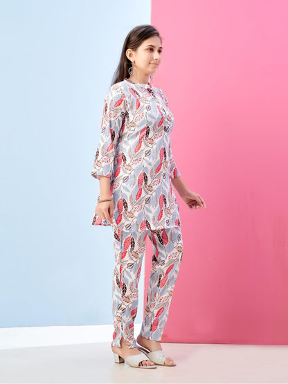 Aarika Girls Casual Wear White Colour Leafs Print Polyester Co-ord Set-8-15 Years (KP-TR-K-987)