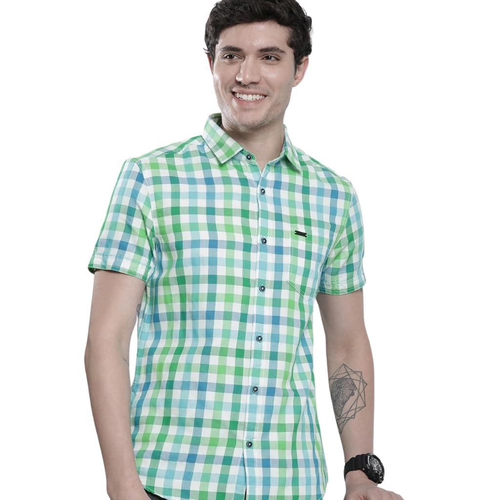 The Indian Garage Co Men Green & Blue Checkered Slim Fit Casual Shirt