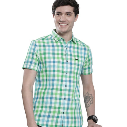 The Indian Garage Co Men Green & Blue Checkered Slim Fit Casual Shirt