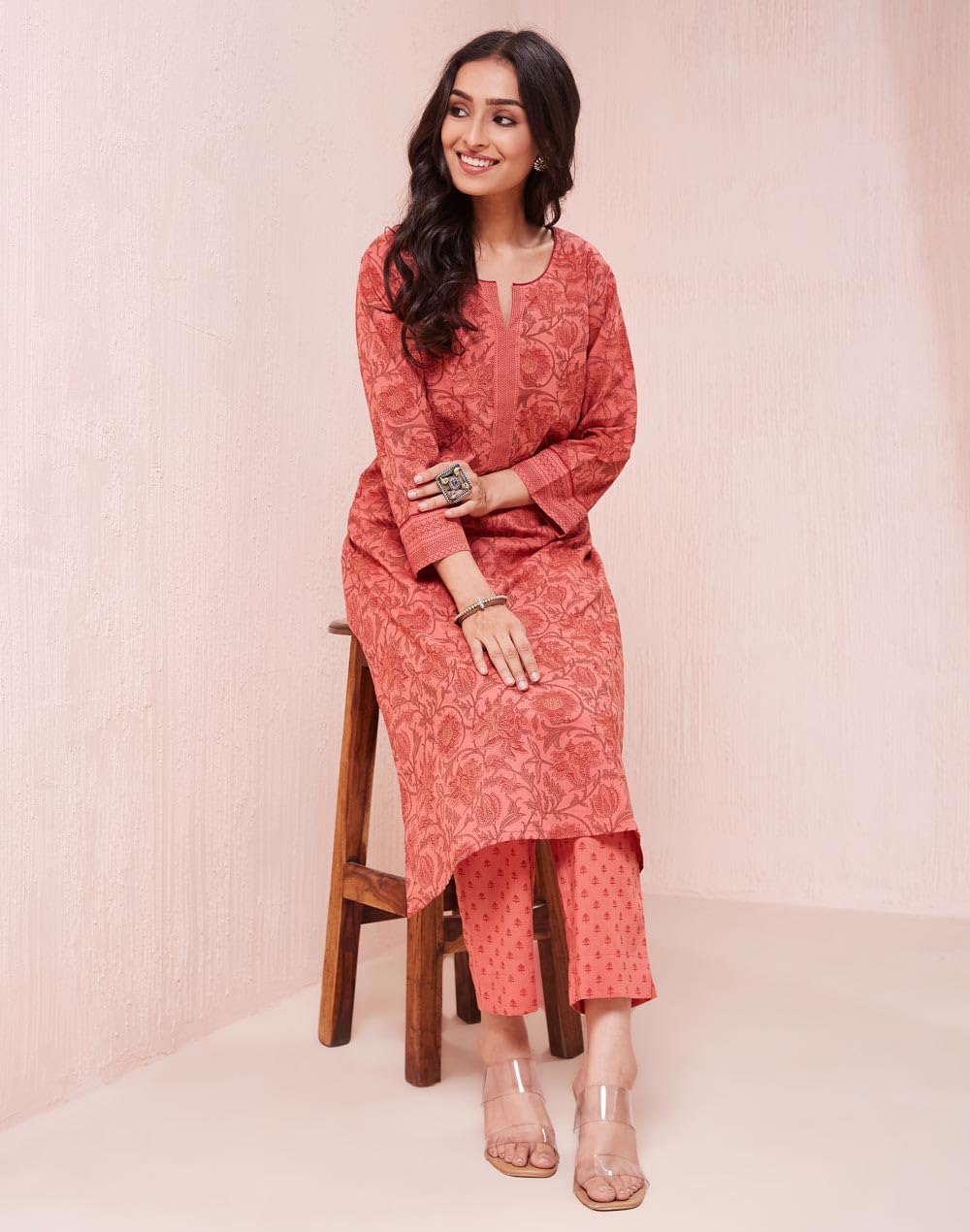 Fabindia Women Orange Three-Quarter Sleeves Round Neck Pure Cotton Kurta Set