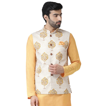 Kisah Men White And Yellow Printed Pure Cotton Nehru Jackets Ethnic Festive Waistcoat Cotton, Regular Fit
