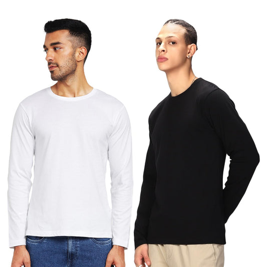 Bewakoof MenS Solids 100% Cotton T-Shirts (Pack Of 2) - Regular Fit, Round Neck, Full Sleeves_601458_White & Black_2Xl