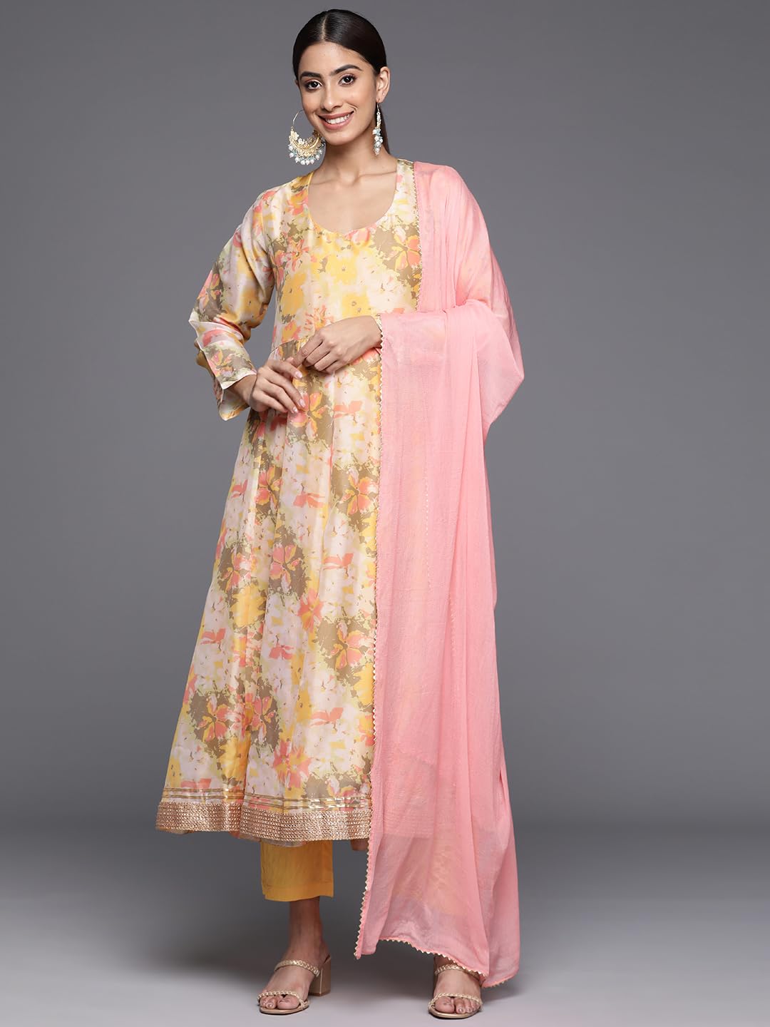 Varanga Women Yellow Floral Printed Round Neck Anarkali Kurta Paired with Tonal Bottom and Contrast Dupatta with Triangular Lace