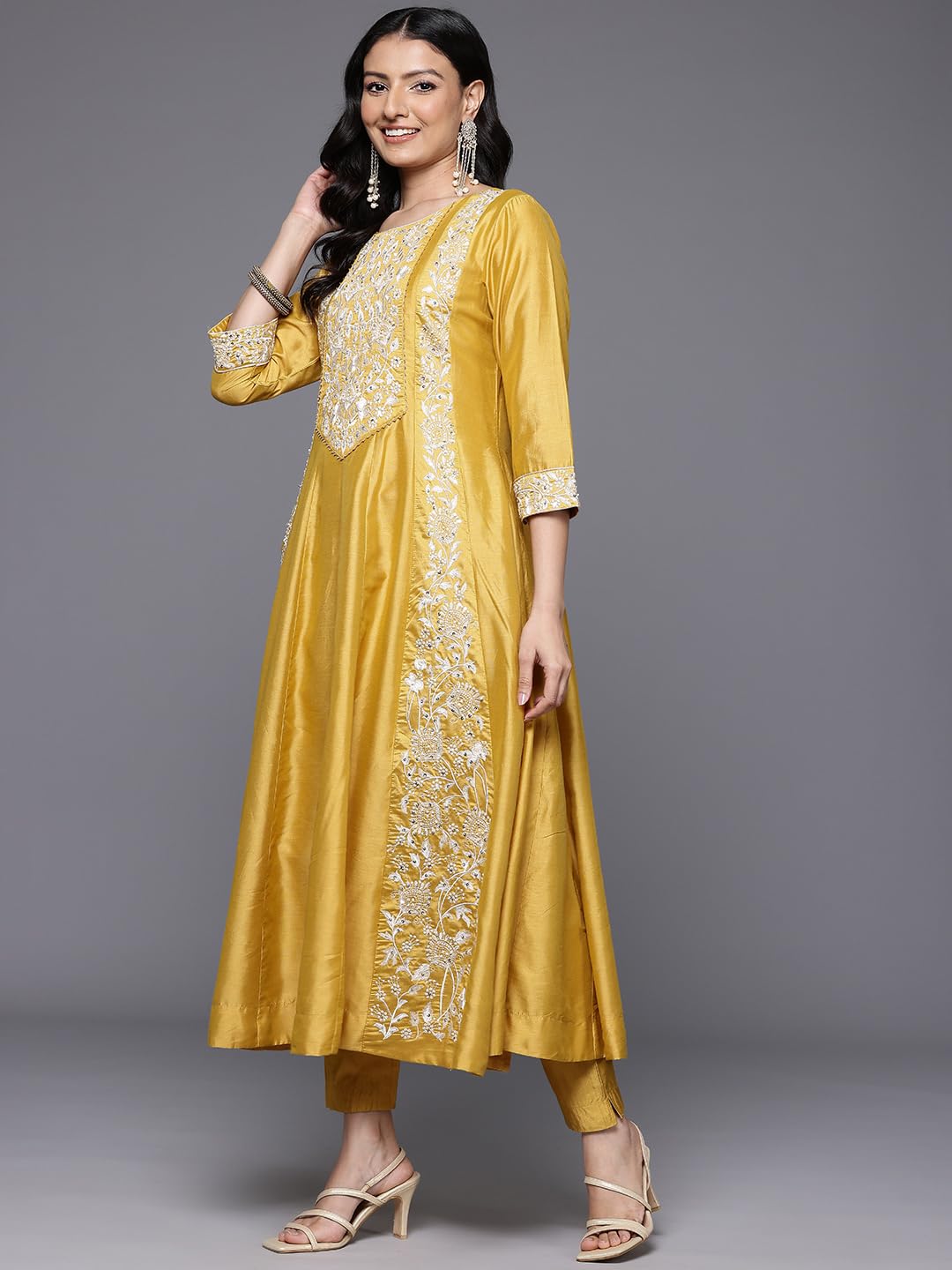 Varanga Women Yellow Floral Thread Embroidered Anarkali Kurta With Bottom & Dupatta  Elegant Ethnic Wear