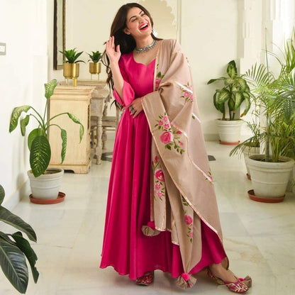 GoSriKi Women's Cotton Anarkali Kurta and Dupatta (Without Palazzo)